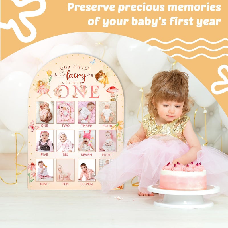 Naozinebi Our Little Fairy is Turning One Photo Board Fairy 1st Birthday Party Decoration Wooden Board 12 Month Milestone Picture Frame 1st Birthday Photo Banner for Baby Girl Keepsake Gift (Fit 2x2.8in Pic) - Image 5