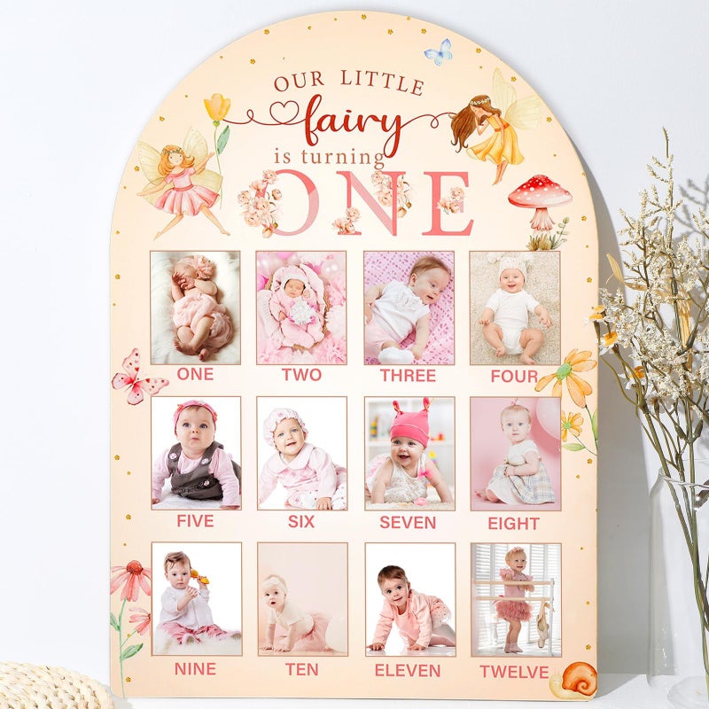 Naozinebi Our Little Fairy is Turning One Photo Board Fairy 1st Birthday Party Decoration Wooden Board 12 Month Milestone Picture Frame 1st Birthday Photo Banner for Baby Girl Keepsake Gift (Fit 2x2.8in Pic) - Image 1