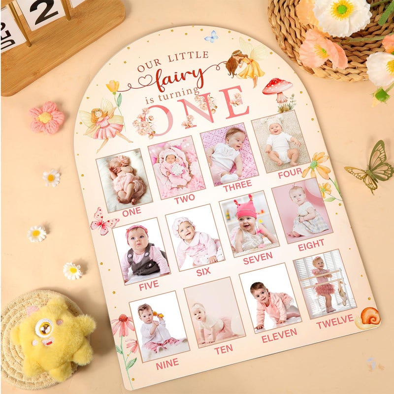Naozinebi Our Little Fairy is Turning One Photo Board Fairy 1st Birthday Party Decoration Wooden Board 12 Month Milestone Picture Frame 1st Birthday Photo Banner for Baby Girl Keepsake Gift (Fit 2x2.8in Pic) - Image 4