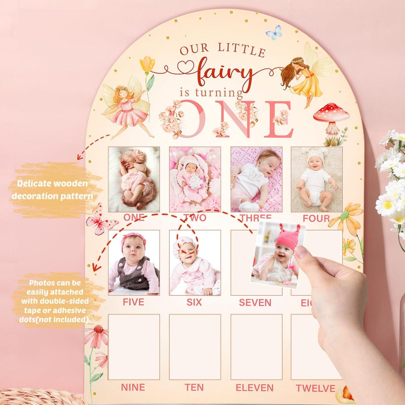Naozinebi Our Little Fairy is Turning One Photo Board Fairy 1st Birthday Party Decoration Wooden Board 12 Month Milestone Picture Frame 1st Birthday Photo Banner for Baby Girl Keepsake Gift (Fit 2x2.8in Pic) - Image 3