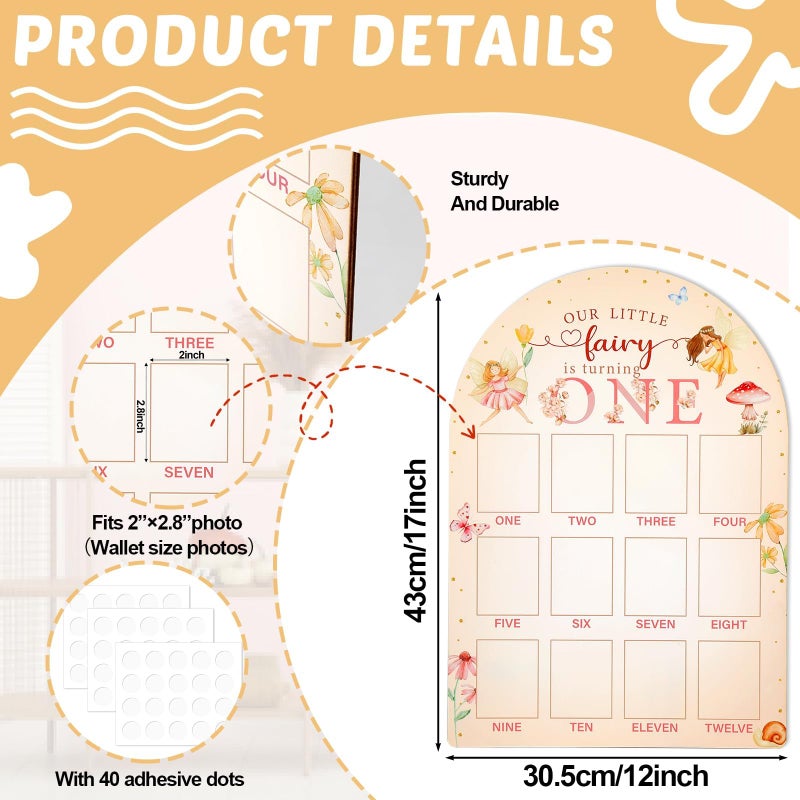 Naozinebi Our Little Fairy is Turning One Photo Board Fairy 1st Birthday Party Decoration Wooden Board 12 Month Milestone Picture Frame 1st Birthday Photo Banner for Baby Girl Keepsake Gift (Fit 2x2.8in Pic) - Image 2