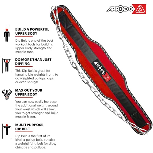 APRODO Sports DIP Belt with Steel Chain 36 INCHES Weighted Chain for DIPS Pull UPS Weight Lifting Crossfit ONE Size FITS All (RED) - Image 4