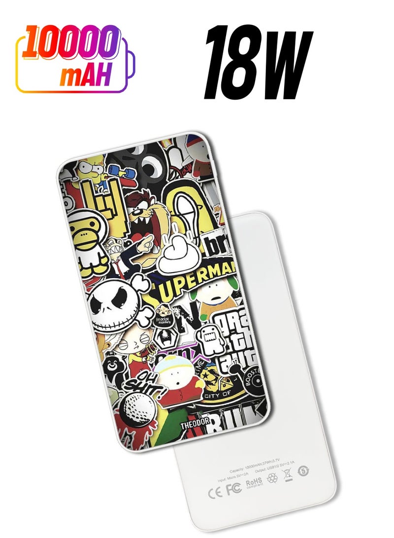 Theodor 10,000 mAh Super Fast Charging Ultra Compact Power Bank with Quick Charge & Power Delivery, Portable Charger For iPhone and Android Cartoon Collage - Image 1
