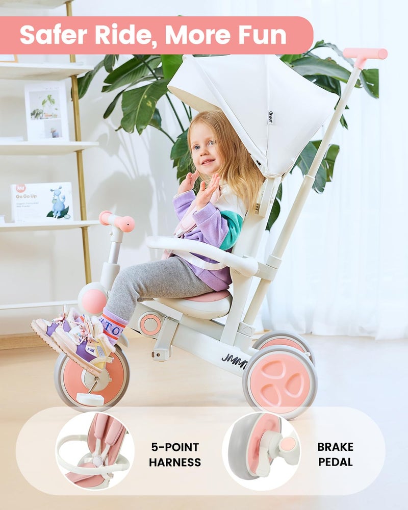 JMMD Baby Tricycle, 7-in-1 Foldable Kids Trike with Adjustable Parent Handle, Safety Harness & Wheel Brakes, Removable Canopy, Stroll Trike for Boys & Girls Ages 18 Months-5 Years, Pink - Image 5