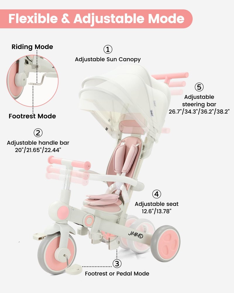 JMMD Baby Tricycle, 7-in-1 Foldable Kids Trike with Adjustable Parent Handle, Safety Harness & Wheel Brakes, Removable Canopy, Stroll Trike for Boys & Girls Ages 18 Months-5 Years, Pink - Image 4