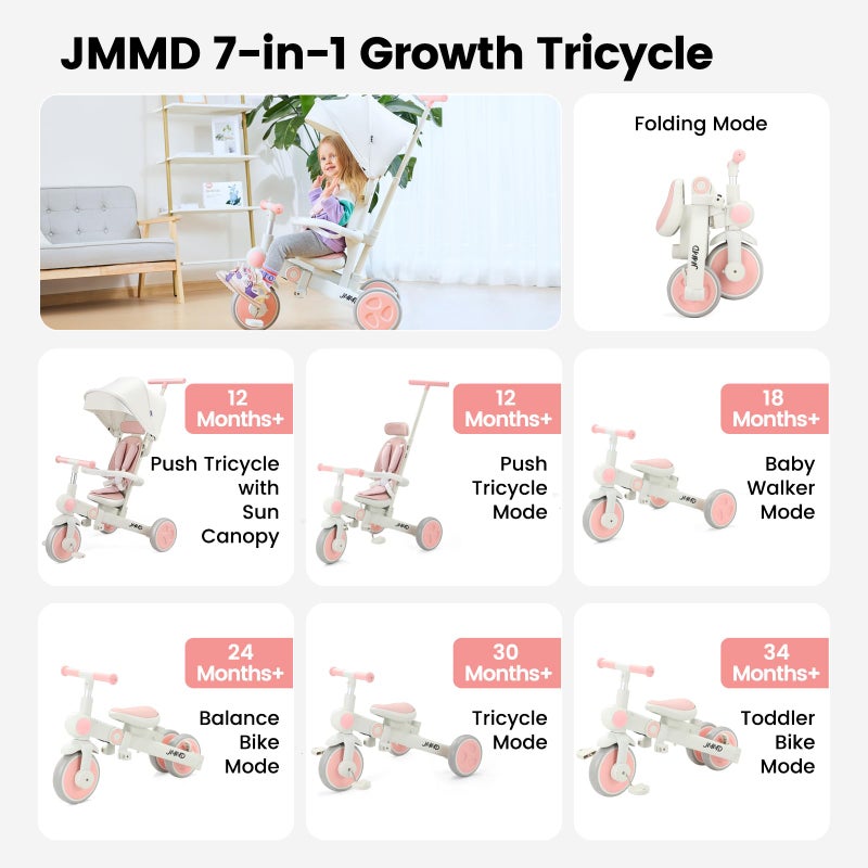 JMMD Baby Tricycle, 7-in-1 Foldable Kids Trike with Adjustable Parent Handle, Safety Harness & Wheel Brakes, Removable Canopy, Stroll Trike for Boys & Girls Ages 18 Months-5 Years, Pink - Image 2