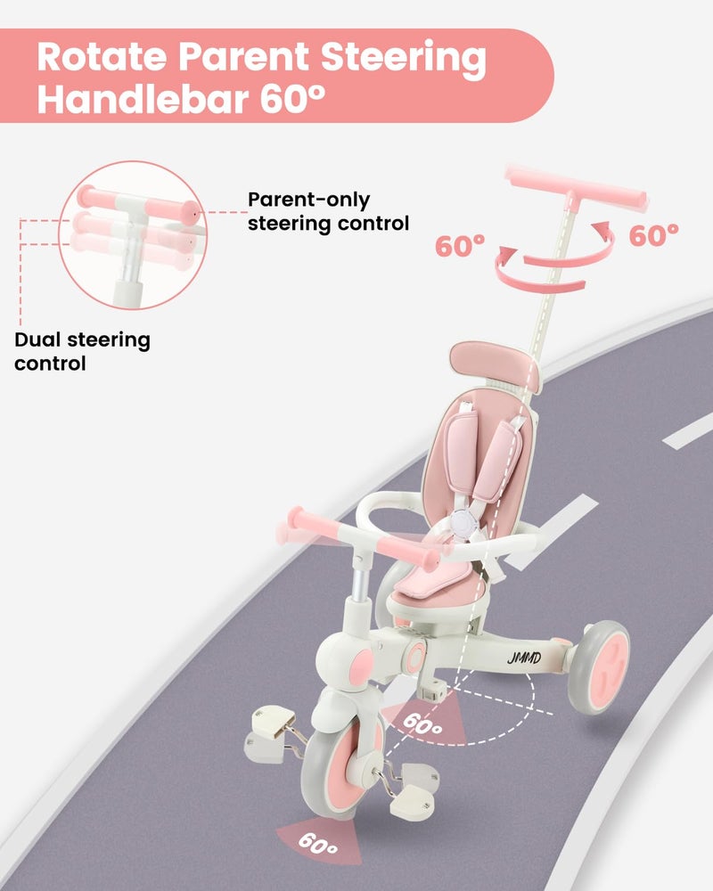 JMMD Baby Tricycle, 7-in-1 Foldable Kids Trike with Adjustable Parent Handle, Safety Harness & Wheel Brakes, Removable Canopy, Stroll Trike for Boys & Girls Ages 18 Months-5 Years, Pink - Image 3