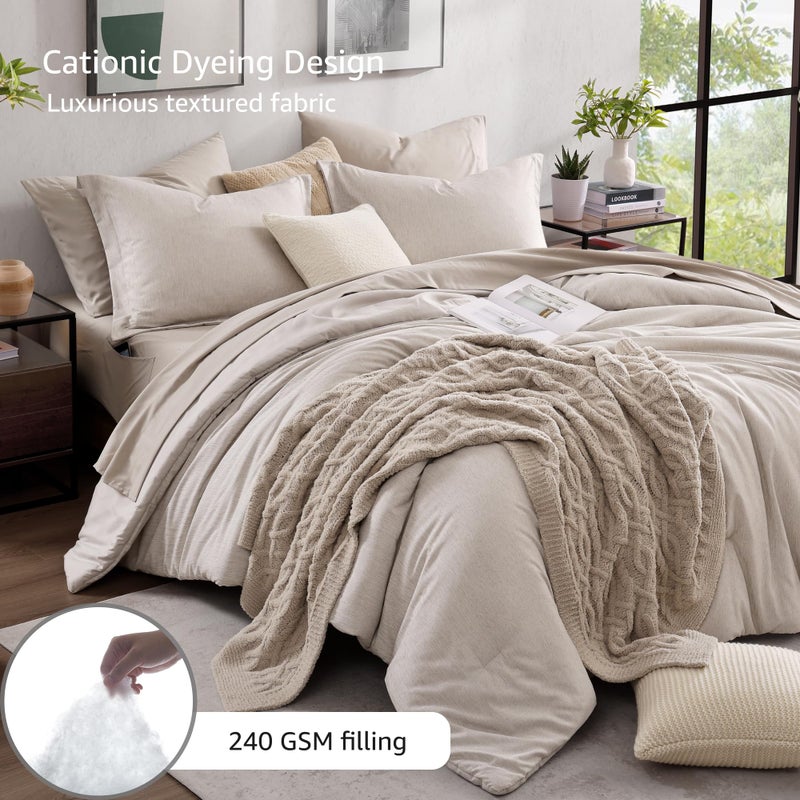 Monbix Queen Comforter Set - 7 Pieces Cationic Dyeing Oatmeal Beige Bed in a Bag Queen Bedding Sets with Comforter, Sheets, Pillowcases & Shams, Reversible Bedding Comforters Sets - Image 3