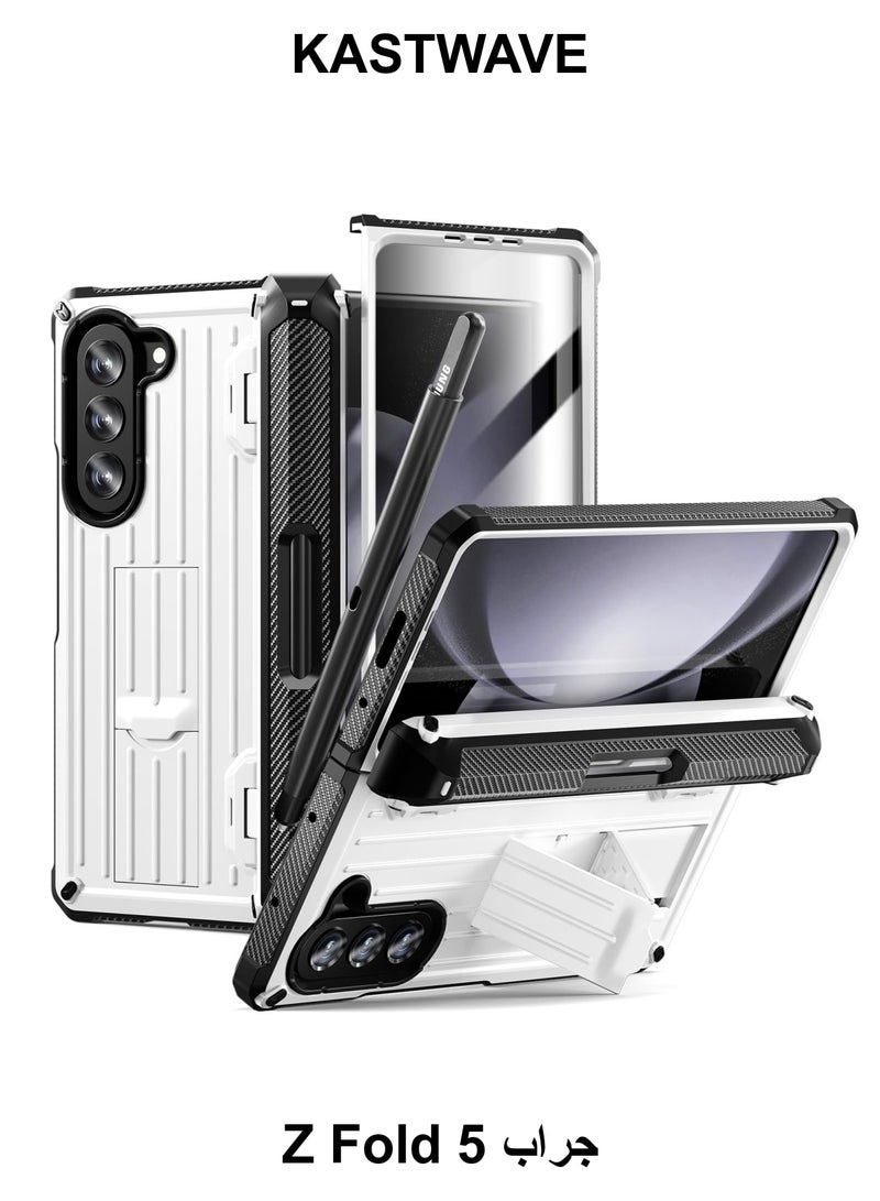 KASTWAVE Case for Galaxy Z Fold 5 Case, Rugged Case with Built-in Screen Protector & Hinge Protection & Pen Holder & Kickstand, Support Wireless Charging (White) - Image 1