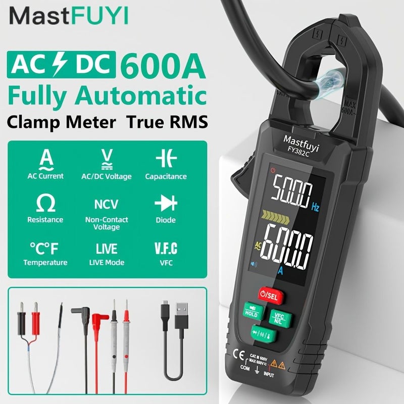 FY382C Clamp Type Multimeter 6000 Counts Measures 600A AC Current NCV Sensing Non Contact Voltage Measurement AC And DC Voltage Capacitance Temperature Resistance - Image 4