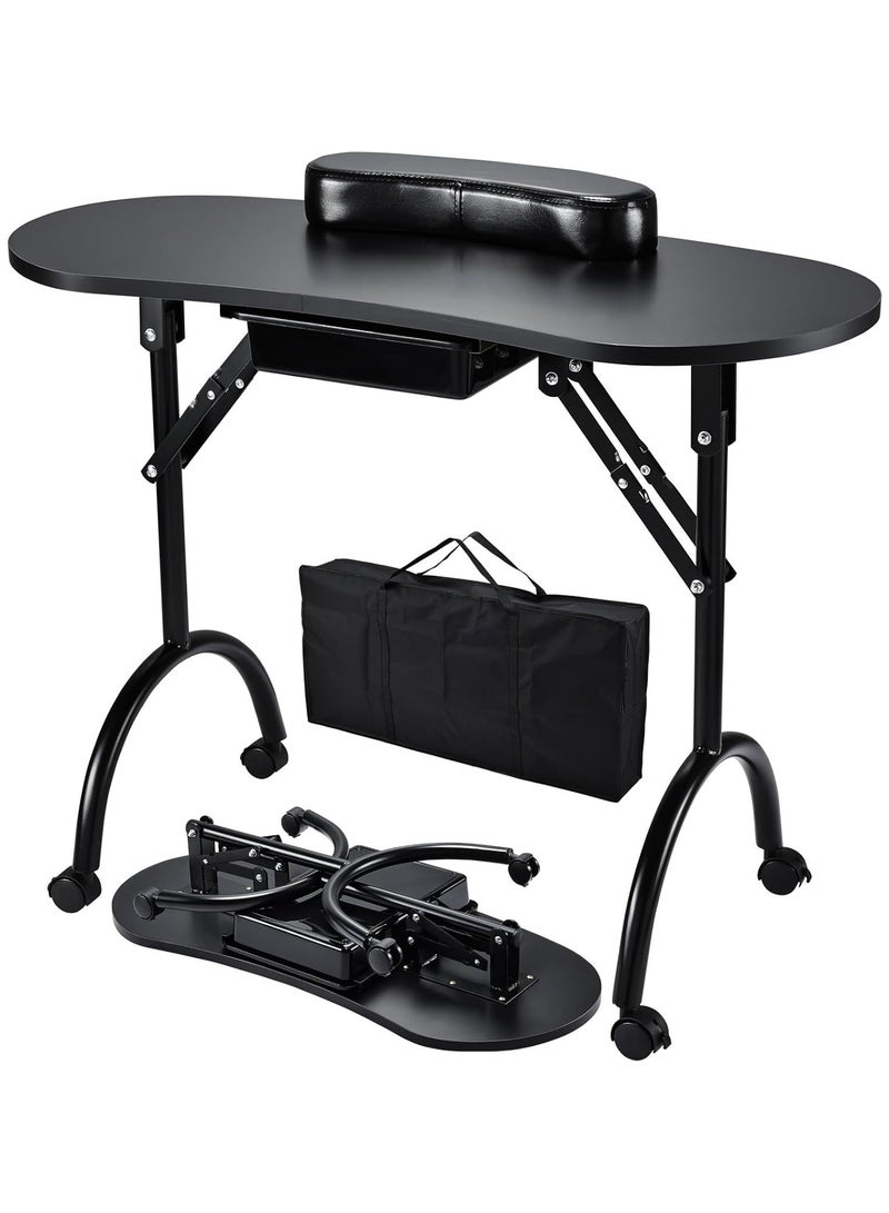 Generic Portable Manicure Table Foldable Nail Desk With Large Drawer Manicure Table For Technician Salon Workstation With Carry Bag Lockable Wheels 36 Inches Black - Image 1