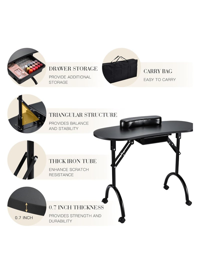 Generic Portable Manicure Table Foldable Nail Desk With Large Drawer Manicure Table For Technician Salon Workstation With Carry Bag Lockable Wheels 36 Inches Black - Image 2
