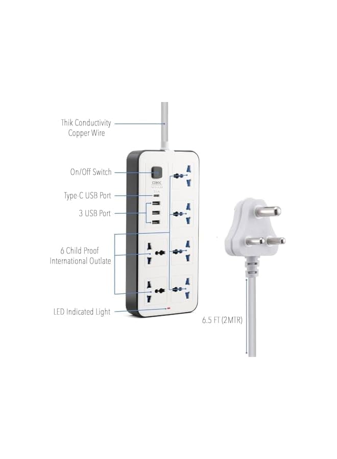 PROMASS Extension Lead with Multiple Function UK Plug 3 Pin Socket Outlet with 6 Gang 3 USB 1 Type-C Ports 2M Bold Extension Cord Plug Adapter for Home Office (White) - Image 3