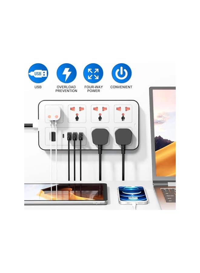 PROMASS Extension Lead with Multiple Function UK Plug 3 Pin Socket Outlet with 6 Gang 3 USB 1 Type-C Ports 2M Bold Extension Cord Plug Adapter for Home Office (White) - Image 4