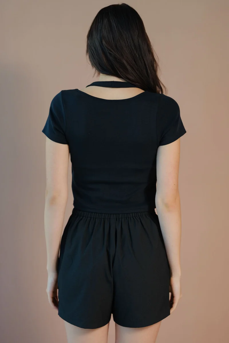 Virgio VIRGIO Cotton Stretch Black Halter Neck T-Shirt