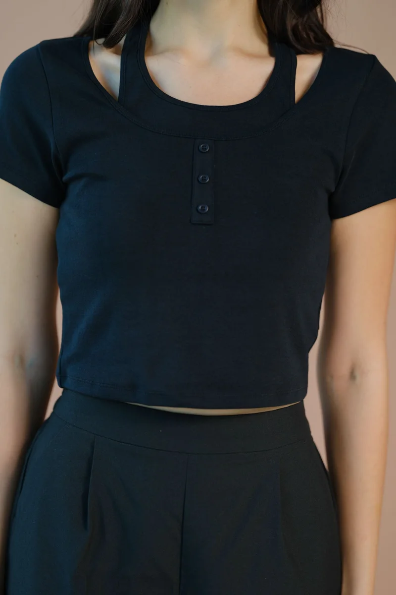 Virgio VIRGIO Cotton Stretch Black Halter Neck T-Shirt