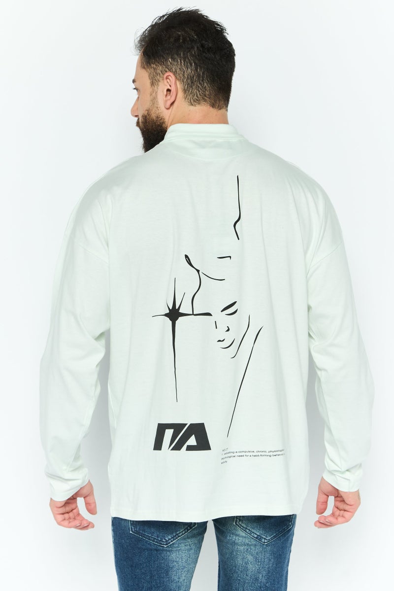 Night Addict Men Mock Neck Long Sleeves Graphic Print T-Shirt, Light Green - Image 3