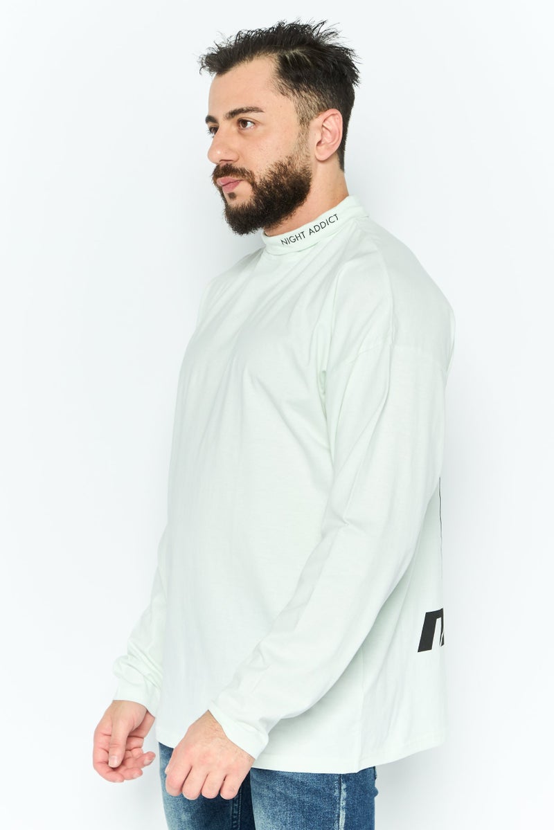Night Addict Men Mock Neck Long Sleeves Graphic Print T-Shirt, Light Green - Image 2