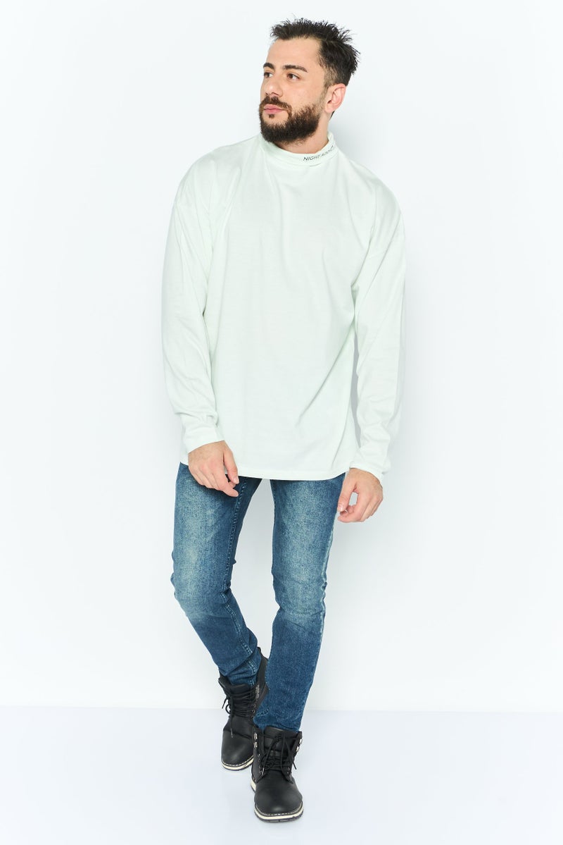 Night Addict Men Mock Neck Long Sleeves Graphic Print T-Shirt, Light Green - Image 2