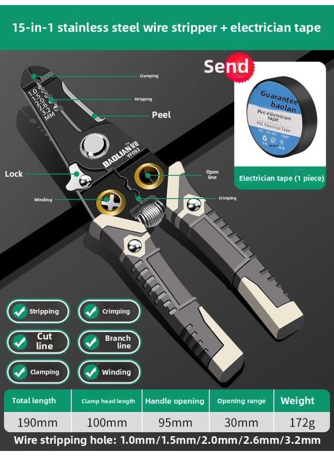 Baolian Multifunctional Wire Stripping Pliers Special For Electrician Cable Optical Fiber Press Wire Electronic Scissors Special For Labor-saving Pliers-Color:[black Gold Model] 15-in-1 Stainless Steel Wire Stripper + Electrical Tape (1 Piece)