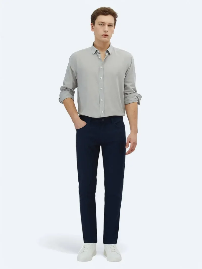 Kip Navy Blue Weaving Slim Fit Casual Cotton Blended Trousers