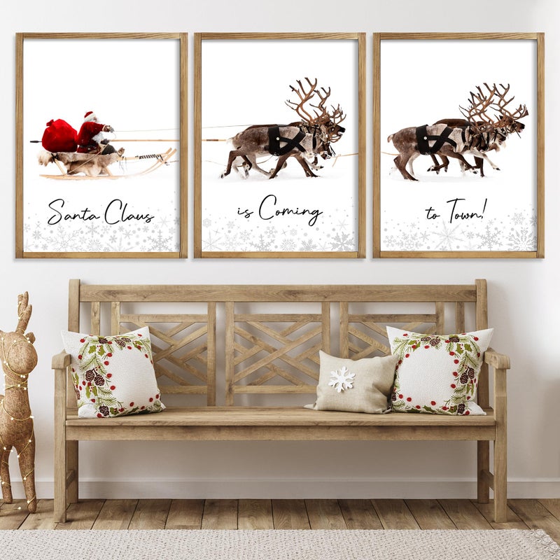 LITIVY Framed Set of 3 Christmas Wall Art Christmas Santa Claus with Sleigh Deer for Christmas Wall Decor Prints Xmas Sign for Home Decor Christmas Decorations12x16 Brown