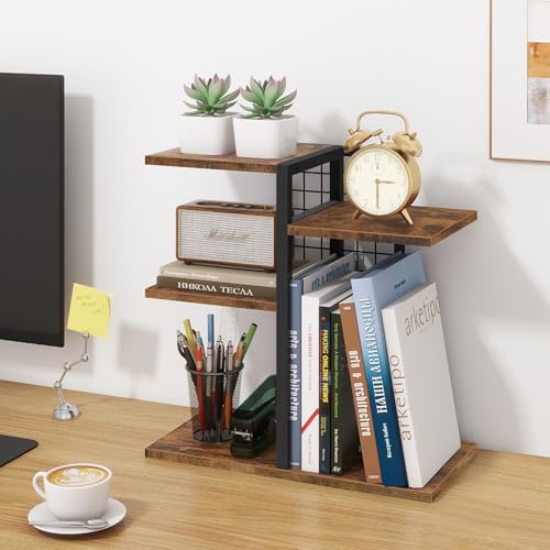 ELITEROO Desktop Shelf Organizer 4Tier Wooden Desk Bookshelf Small Tabletop Book Shelf Adjustable Display Rack for Home Office Dorm Rustic Brown - Image 3