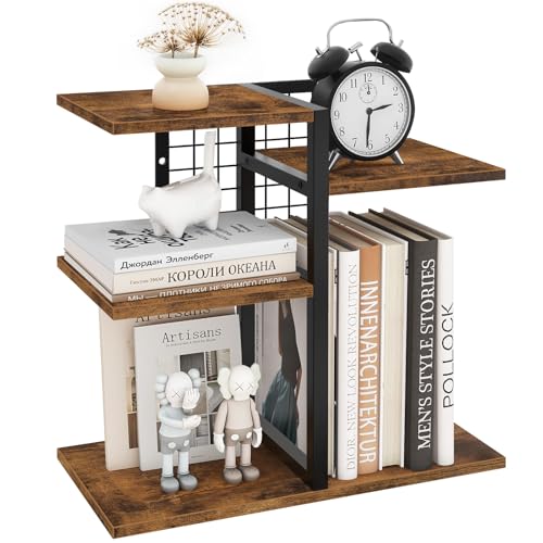 ELITEROO Desktop Shelf Organizer 4Tier Wooden Desk Bookshelf Small Tabletop Book Shelf Adjustable Display Rack for Home Office Dorm Rustic Brown - Image 1