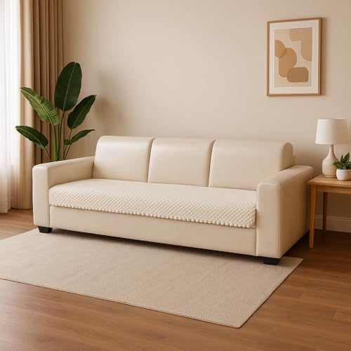 KINGLY Velvet Quilted L-Shape 7 Seater (4+3) Universal Sofa Protector – Premium Non-Slip Fit, Machine Washable Couch Mat for L-Shaped Sofa Set in Living Room (White, 2pc Set – 23x27 & 90x27) - Image 2