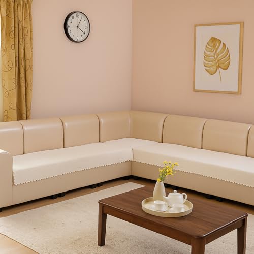 KINGLY Velvet Quilted L-Shape 7 Seater (4+3) Universal Sofa Protector – Premium Non-Slip Fit, Machine Washable Couch Mat for L-Shaped Sofa Set in Living Room (White, 2pc Set – 23x27 & 90x27) - Image 1