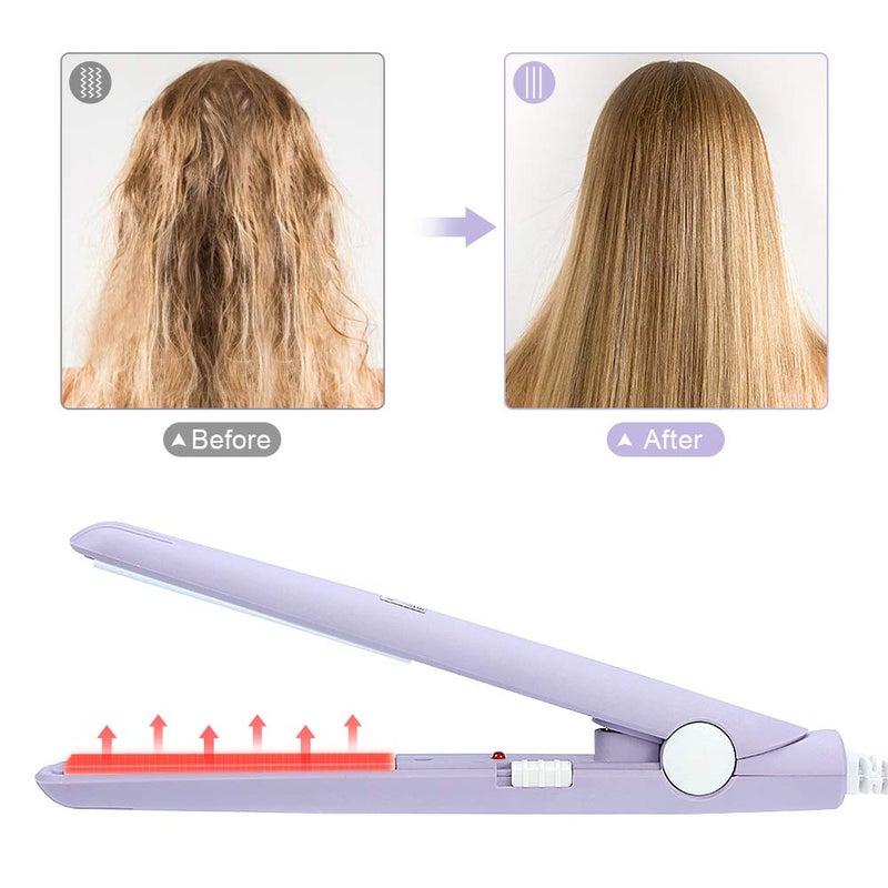 klarako Mini Flat Iron, 4 Colors 2 in 1 Mini Hair Straightener Ceramic Tourmaline Plate Beauty Small Flat Iron Heating Curler Small Mini Hair Straightener Mini Ceramic Hair Curler for Short Hair(Purple) - Image 4