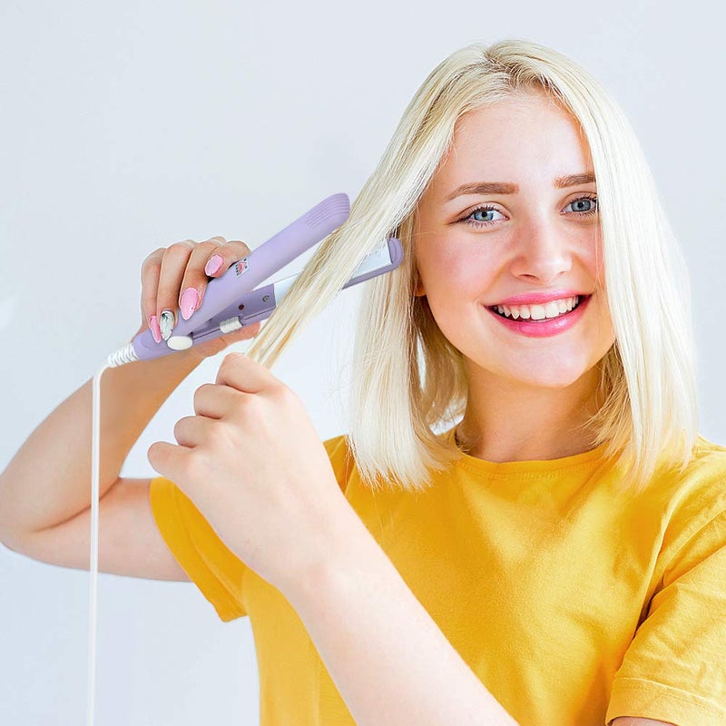 klarako Mini Flat Iron, 4 Colors 2 in 1 Mini Hair Straightener Ceramic Tourmaline Plate Beauty Small Flat Iron Heating Curler Small Mini Hair Straightener Mini Ceramic Hair Curler for Short Hair(Purple) - Image 2