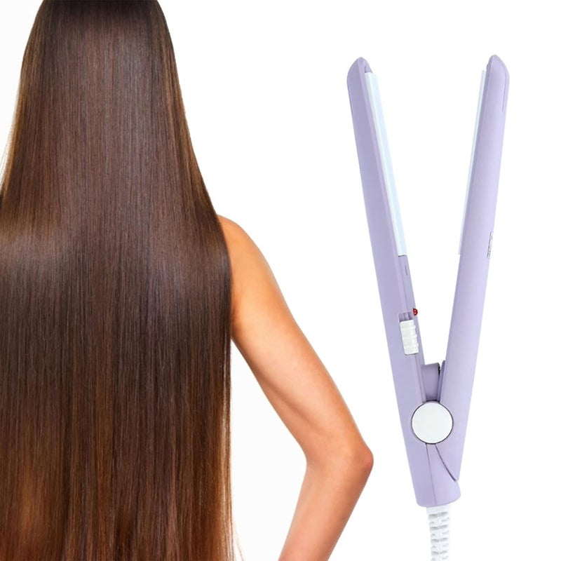 klarako Mini Flat Iron, 4 Colors 2 in 1 Mini Hair Straightener Ceramic Tourmaline Plate Beauty Small Flat Iron Heating Curler Small Mini Hair Straightener Mini Ceramic Hair Curler for Short Hair(Purple) - Image 1