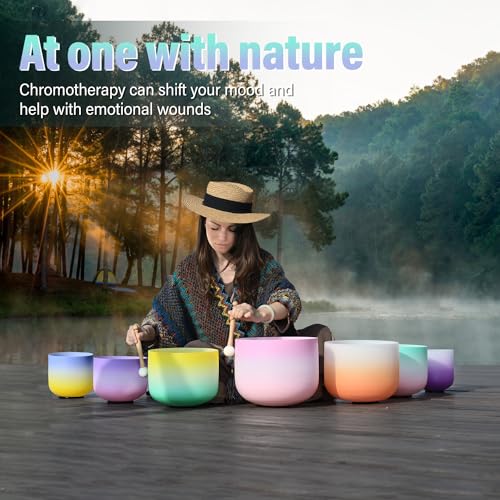 CVNC 440HZ 6"-12" Set of 7 PCS Frosted Quartz Color Crystal Singing Bowl Set Sound Healing with Sound Bowl Mallet Suede Stick Heavy Duty Carry Cases - Image 3