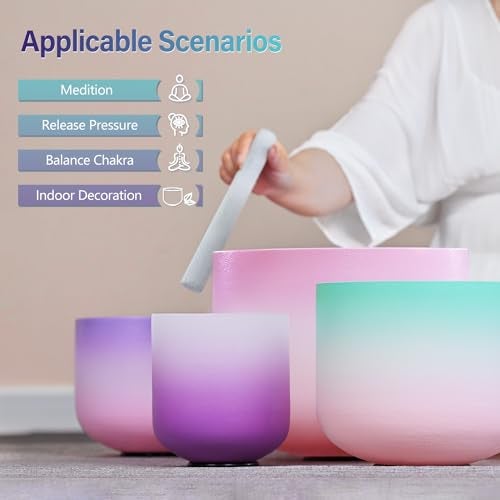 CVNC 440HZ 6"-12" Set of 7 PCS Frosted Quartz Color Crystal Singing Bowl Set Sound Healing with Sound Bowl Mallet Suede Stick Heavy Duty Carry Cases - Image 5