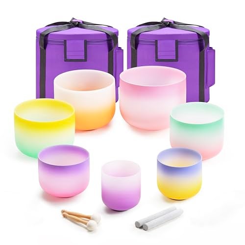 CVNC 440HZ 6"-12" Set of 7 PCS Frosted Quartz Color Crystal Singing Bowl Set Sound Healing with Sound Bowl Mallet Suede Stick Heavy Duty Carry Cases - Image 1