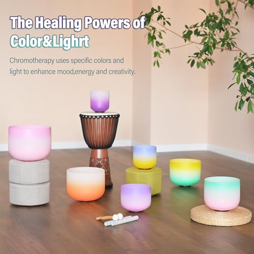CVNC 440HZ 6"-12" Set of 7 PCS Frosted Quartz Color Crystal Singing Bowl Set Sound Healing with Sound Bowl Mallet Suede Stick Heavy Duty Carry Cases - Image 2