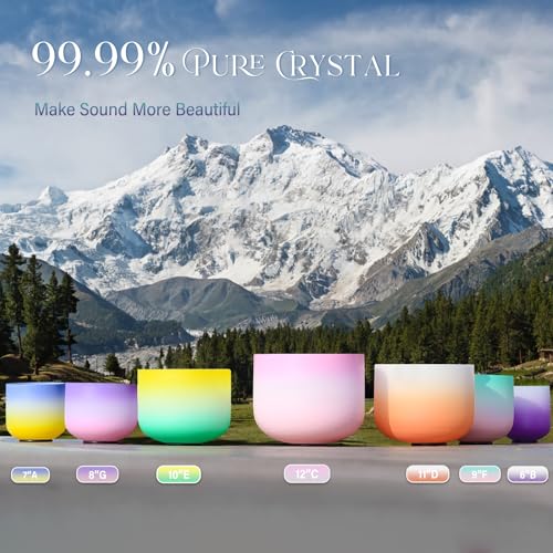 CVNC 440HZ 6"-12" Set of 7 PCS Frosted Quartz Color Crystal Singing Bowl Set Sound Healing with Sound Bowl Mallet Suede Stick Heavy Duty Carry Cases - Image 4