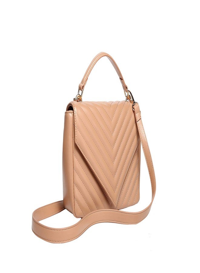 Daisy Rose Quilted Chevron Shoulder Cross Body Bag with Top Handle, PU Vegan Leather - Blush - Image 3