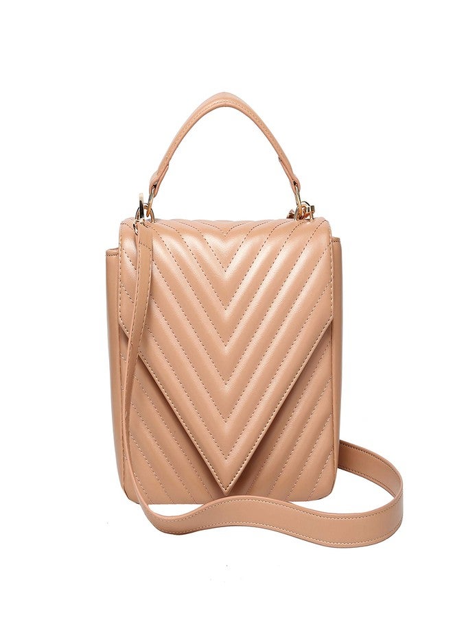 Daisy Rose Quilted Chevron Shoulder Cross Body Bag with Top Handle, PU Vegan Leather - Blush - Image 1
