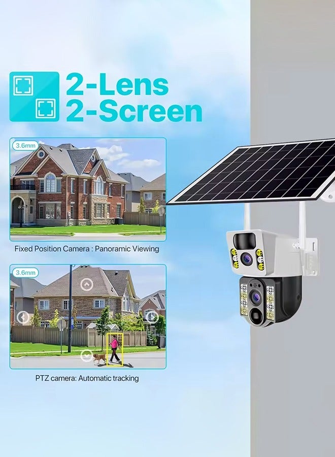 Momozone كاميرا أمان IP بشريحة SIM 4G LTE، كاميرا مزدوجة العدسة بدقة 4K، لوحة شمسية، رؤية ليلية في الخارج، كاميرا تصوير بتقنية PTZ، رؤية ليلية IR ملونة، نظام مراقبة بجهاز استشعار مزدوج واكتشاف الحركة، مزودة بلوحة شمسية. - Image 2