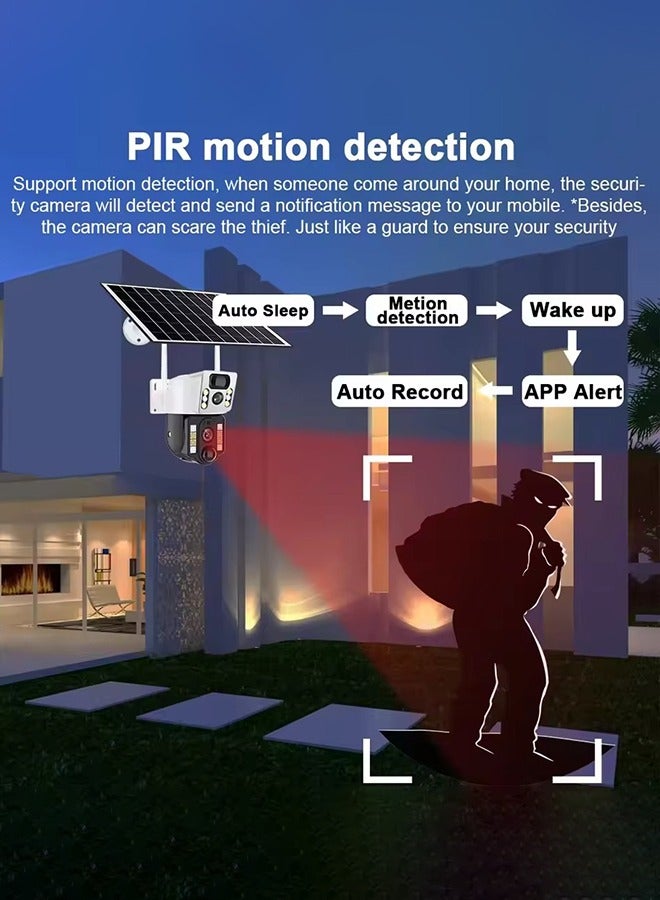 Momozone كاميرا أمان IP بشريحة SIM 4G LTE، كاميرا مزدوجة العدسة بدقة 4K، لوحة شمسية، رؤية ليلية في الخارج، كاميرا تصوير بتقنية PTZ، رؤية ليلية IR ملونة، نظام مراقبة بجهاز استشعار مزدوج واكتشاف الحركة، مزودة بلوحة شمسية. - Image 4