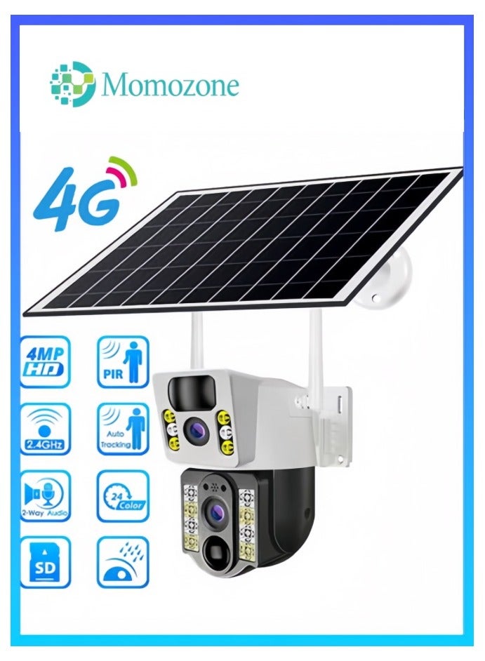 Momozone كاميرا أمان IP بشريحة SIM 4G LTE، كاميرا مزدوجة العدسة بدقة 4K، لوحة شمسية، رؤية ليلية في الخارج، كاميرا تصوير بتقنية PTZ، رؤية ليلية IR ملونة، نظام مراقبة بجهاز استشعار مزدوج واكتشاف الحركة، مزودة بلوحة شمسية. - Image 1