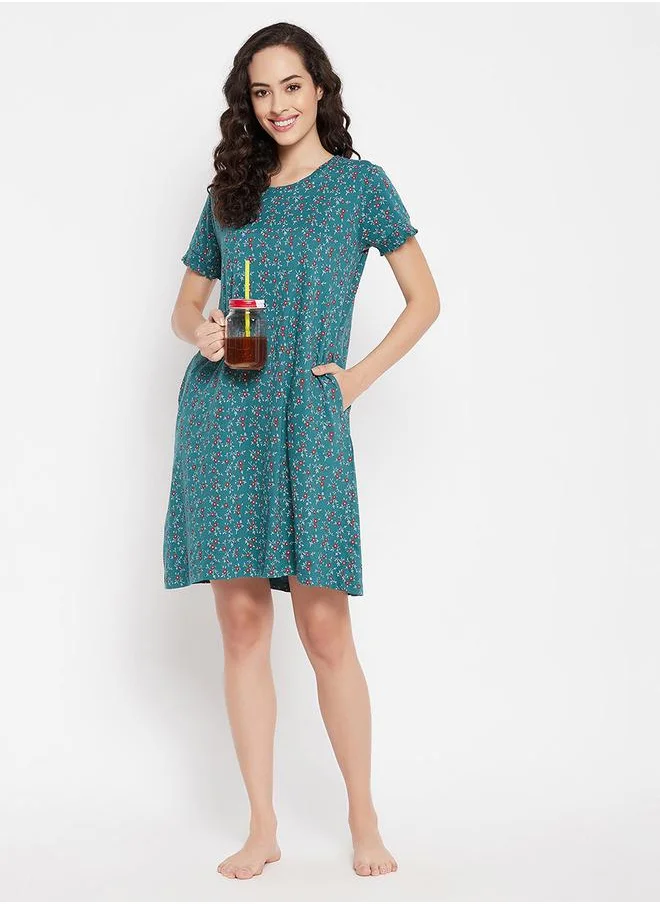 Clovia Cotton Floral Print Nightdress with Side Pocket