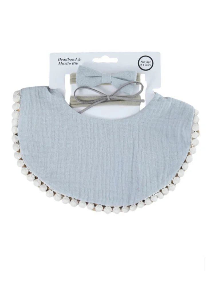 Bambimici -Sophia Set Of Baby Bib And Ribbon Headband Grey
