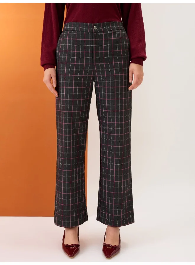 globus Globus Women Black Checkered Mid-Rise Elasticated Back Straight Fit Formal Trousers