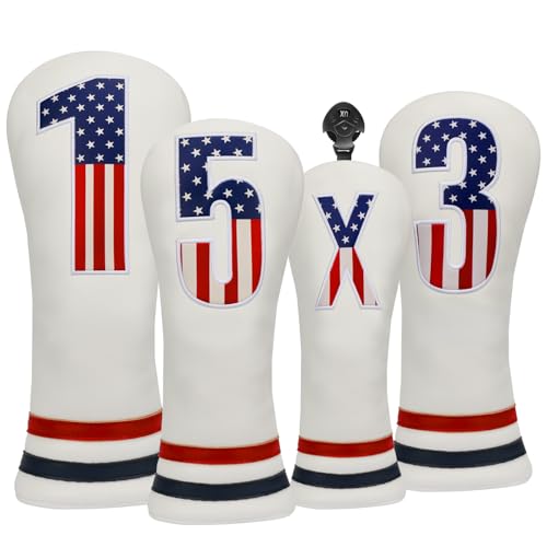 PONADA Golf Club Covers 4pcs Premium PU Leather Golf Club Head Covers for Woods and Driver Fairway Hybrid USA Flag Patriotic Golf Head Covers for Men and Women Fits Most Golf ClubsWhite - Image 1