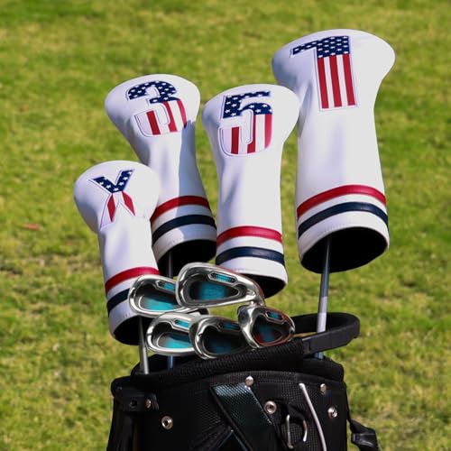 PONADA Golf Club Covers 4pcs Premium PU Leather Golf Club Head Covers for Woods and Driver Fairway Hybrid USA Flag Patriotic Golf Head Covers for Men and Women Fits Most Golf ClubsWhite - Image 3