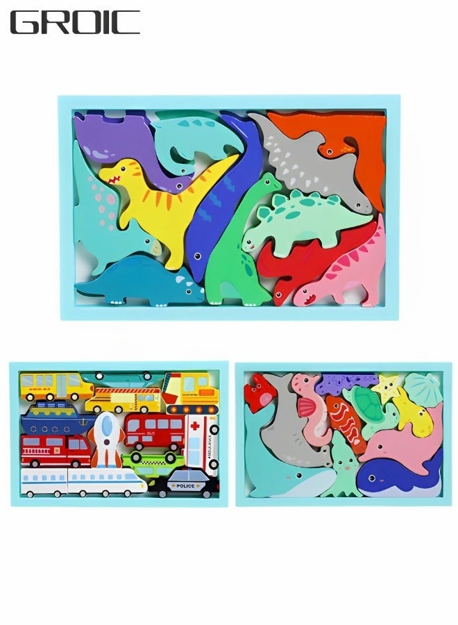 جرويك 3 قطع من الألغاز الخشبية الكرتونية، لعبة تعلم مونتيسوري لمرحلة ما قبل المدرسة ثلاثية الأبعاد متعددة المواضيع للحيوانات، ألعاب تعليمية مبكرة مع السفر الجذعية - Image 1
