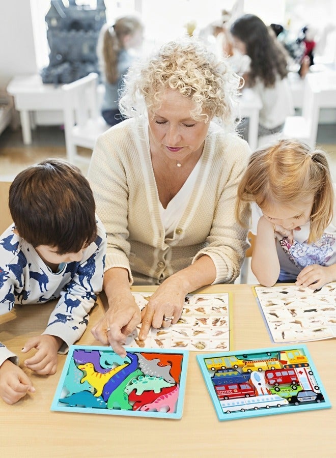 جرويك 3 قطع من الألغاز الخشبية الكرتونية، لعبة تعلم مونتيسوري لمرحلة ما قبل المدرسة ثلاثية الأبعاد متعددة المواضيع للحيوانات، ألعاب تعليمية مبكرة مع السفر الجذعية - Image 4